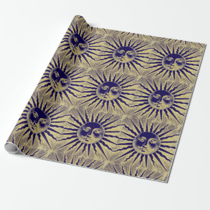 Antique Vintage Gold Blue Sun Face Wrapping Paper