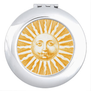 Antique Vintage Gold Orange Yellow Sun Face Compact Mirror