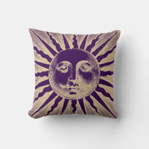 Antique Vintage Gold Purple Sun Face Throw Pillow