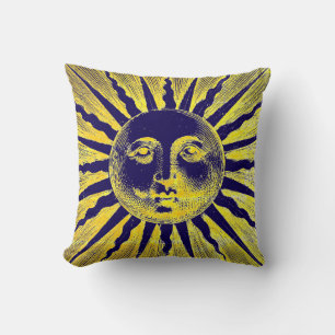 Antique Vintage Gold Yellow Blue Sun Face Throw Pillow