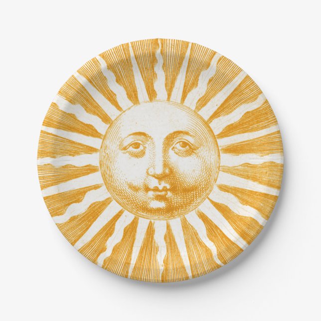 Antique Vintage Gold Yellow  Sun Face Paper Plates (Front)