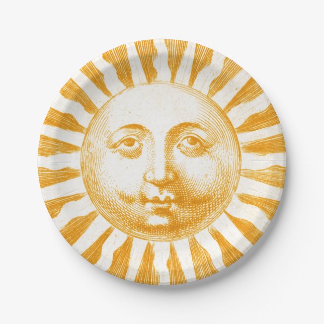 Antique Vintage Gold Yellow  Sun Face Paper Plates (Front)