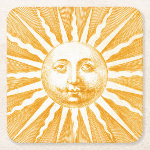 Antique Vintage Gold Yellow  Sun Face Square Paper Coaster