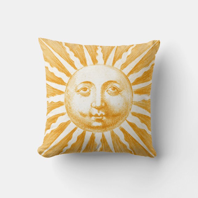 Antique Vintage Gold Yellow  Sun Face Throw Pillow (Front)