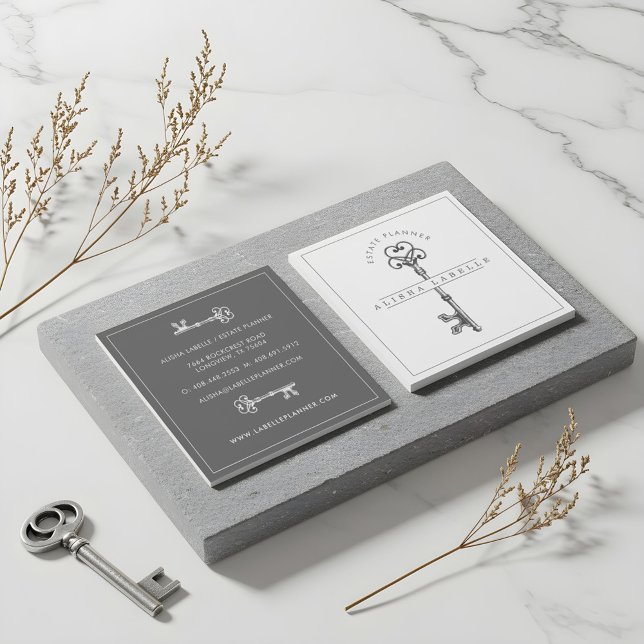 Antique Vintage Grey Skeleton Key Square Business Card (Antique Vintage Grey Skeleton Key Square Business Card)
