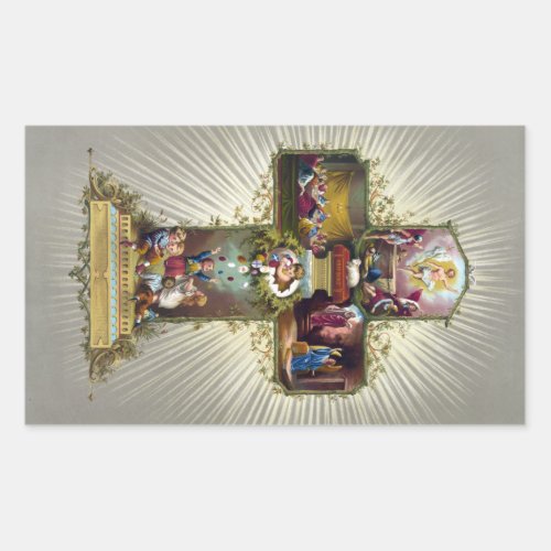 Antique Vintage Happy Easter Religious Cross Rectangular Sticker