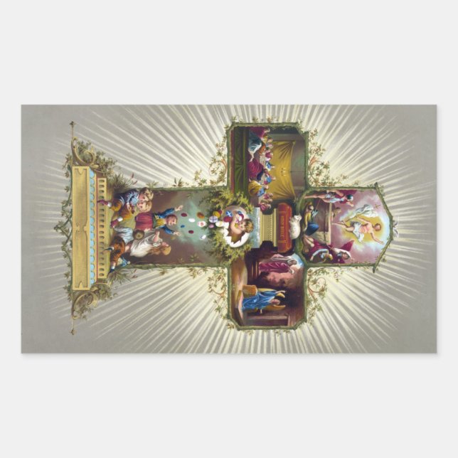 Antique Vintage Happy Easter Religious Cross Rectangular Sticker (Front)