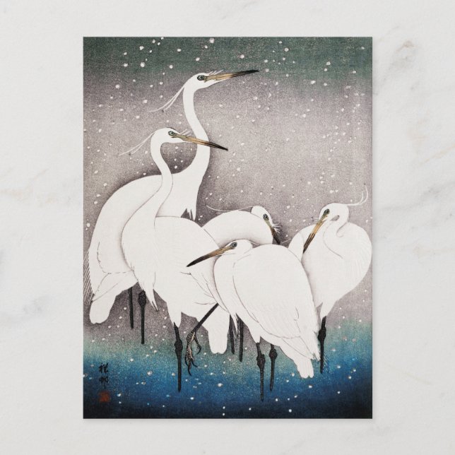 Antique Vintage Japanese Woodblock Egrets in Snow Postcard (Front)