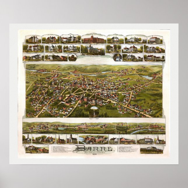 Antique Vintage Map Barre Massachusetts USA 1891 Poster (Front)