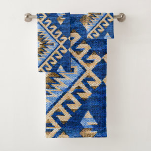 Antique Vintage Oriental Blue Beige Kilim Turkish Bath Towel Set