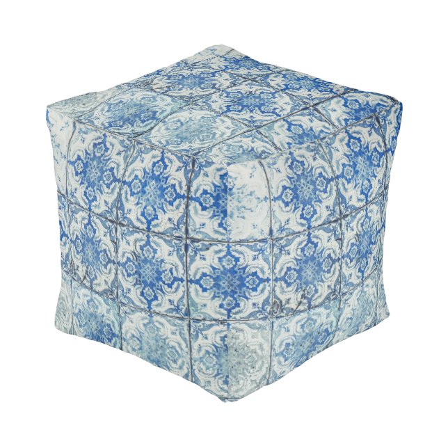 Antique Vintage Portuguese Tiles Pattern - Azulejo Pouf (Angled Front)