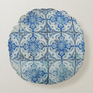 Antique Vintage Portuguese Tiles Pattern - Azulejo Round Pillow