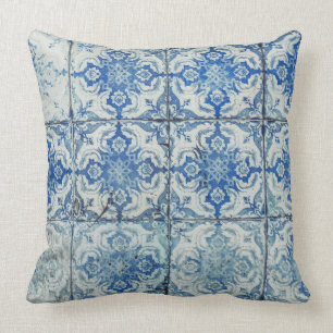 Antique Vintage Portuguese Tiles Pattern - Azulejo Throw Pillow