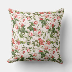 Antique Vintage Redouté Roses Pattern pink Throw Pillow
