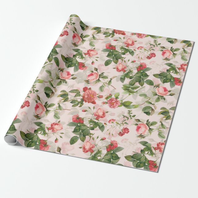 Antique Vintage Redouté Roses Pattern pink Wrapping Paper (Unrolled)