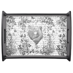 Antique Vintage Rooster Black White Floral Script Serving Tray