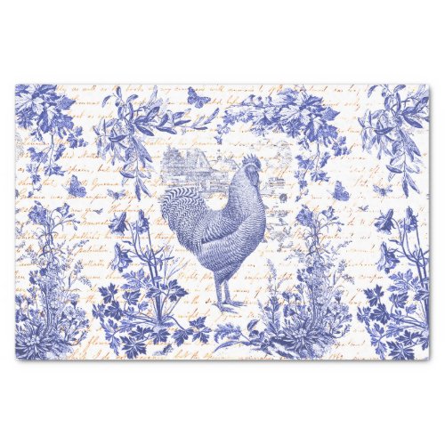 Antique Vintage Rooster Blue Toile Floral Script Tissue Paper