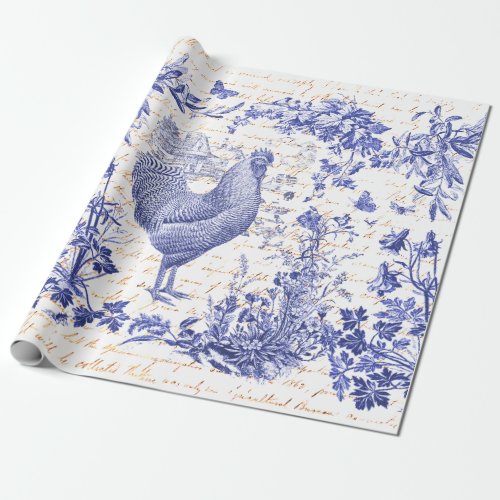 Antique Vintage Rooster Blue Toile Floral Script Wrapping Paper