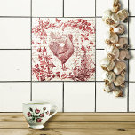 Antique Vintage Rooster Red Toile Floral Script Ceramic Tile<br><div class="desc">Old vintage gravure / engraving of a rooster,  plants,  flowers,  insects and butterflies with calligraphic script in the background,  perfect for rustic style decor</div>