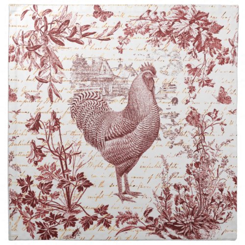 Antique Vintage Rooster Red Toile Floral Script Cloth Napkin