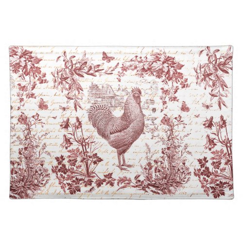 Antique Vintage Rooster Red Toile Floral Script Cloth Placemat