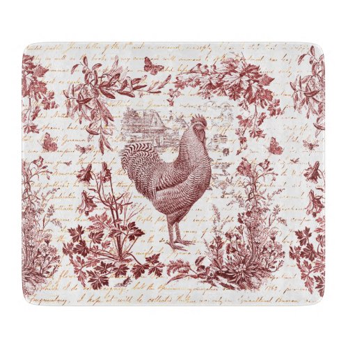 Antique Vintage Rooster Red Toile Floral Script Cutting Board