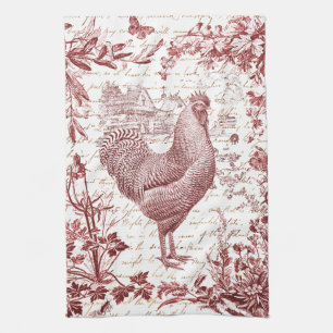 Antique Vintage Rooster Red Toile Floral Script Kitchen Towel