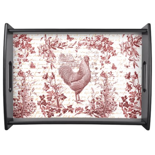 Antique Vintage Rooster Red Toile Floral Script Serving Tray