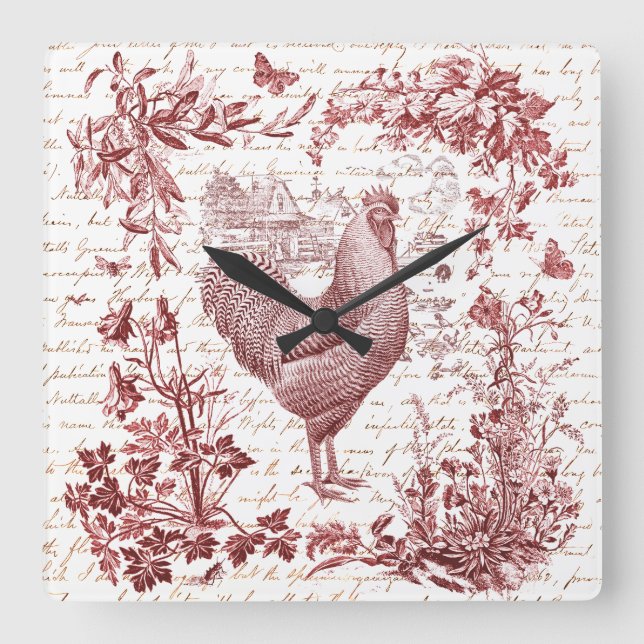 Antique Vintage Rooster Red Toile Floral Script Square Wall Clock (Front)