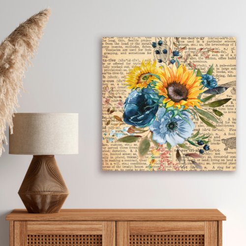 Antique Vintage Sunflowers Blue Floral Dictionary Canvas Print