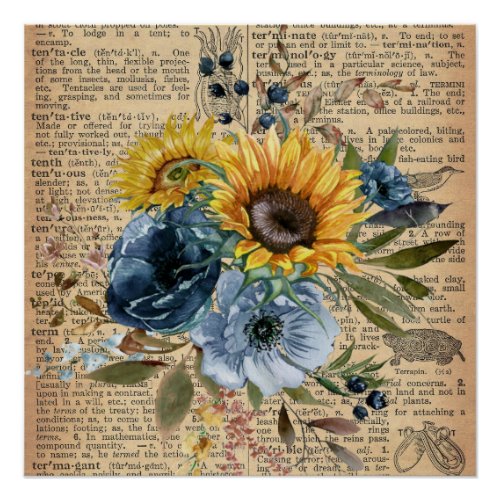 Antique Vintage Sunflowers Blue Floral Dictionary Poster