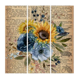 Antique Vintage Sunflowers Blue Floral Greenery 