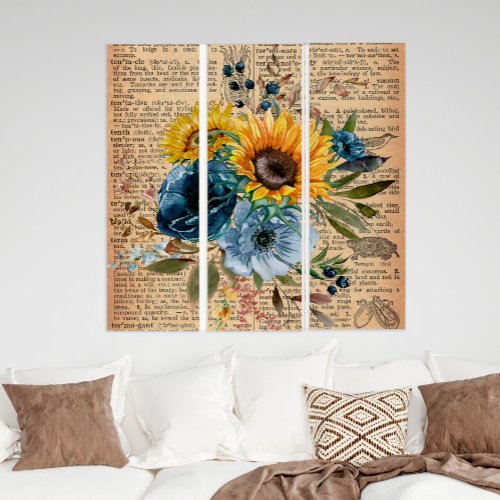 Antique Vintage Sunflowers Blue Floral Greenery  Triptych