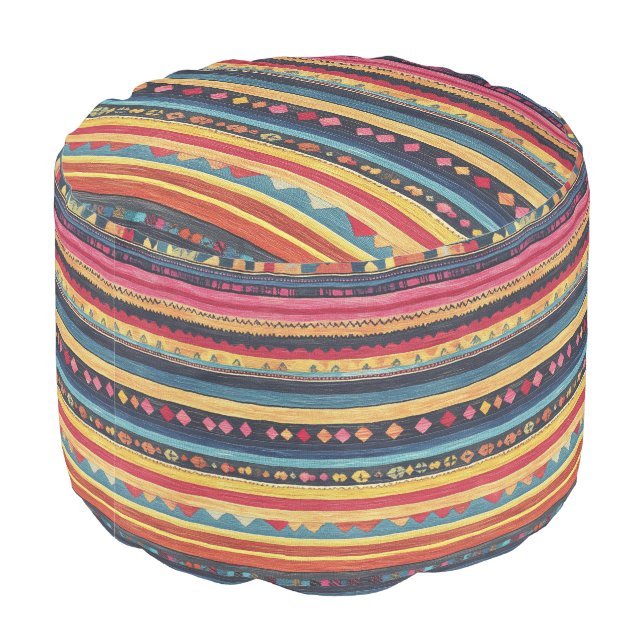 Antique Vintage Turkish Kilim Bohemian Pattern Pouf (Angled Back)