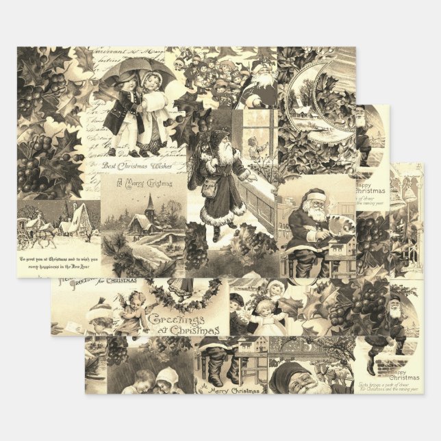 Antique Vintage Victorian Christmas Santa Collage Wrapping Paper Sheets (Set)