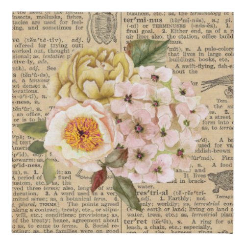 Antique Vintage Watercolor Floral Dictionary Paper Faux Canvas Print