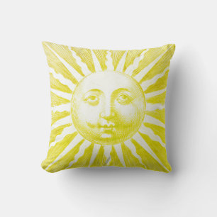 Antique Vintage Yellow Sun Face Throw Pillow
