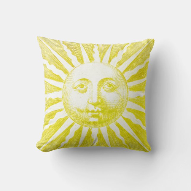 Antique Vintage Yellow Sun Face Throw Pillow (Front)