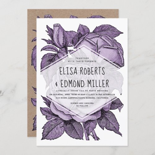 Antique violet roses vintage wedding floral invitation