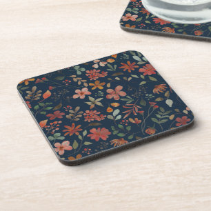 Antique Watercolor Print Floral on Navy Beverage Coaster