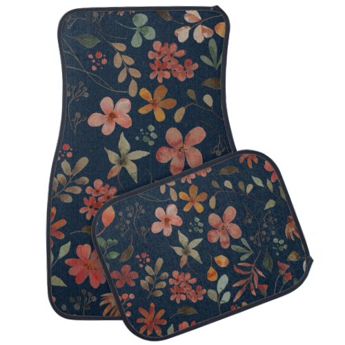 Antique Watercolor Print Floral on Navy Car Floor Mat