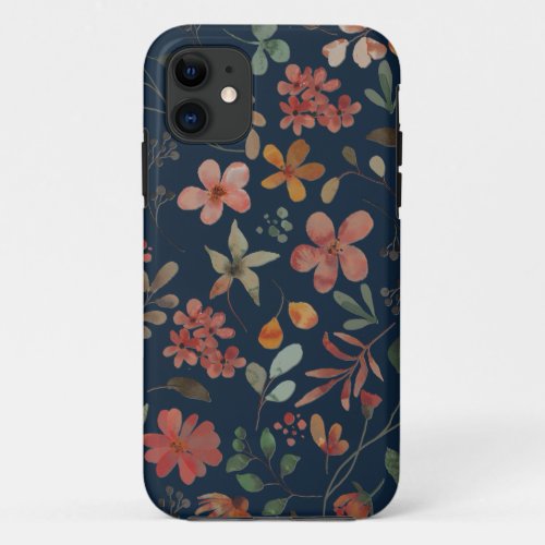 Antique Watercolor Print Floral on Navy iPhone 11 Case