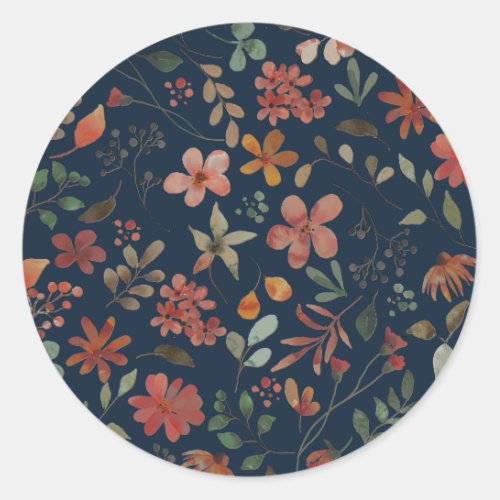 Antique Watercolor Print Floral on Navy Classic Round Sticker