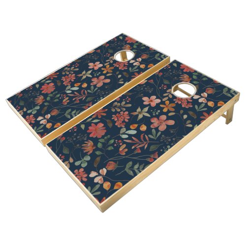 Antique Watercolor Print Floral on Navy Cornhole Set