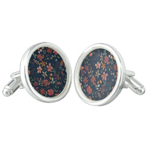 Antique Watercolor Print Floral on Navy Cufflinks