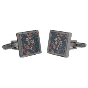 Antique Watercolor Print Floral on Navy Cufflinks
