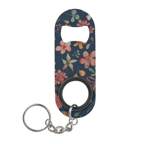 Antique Watercolor Print Floral on Navy Keychain Bottle Opener