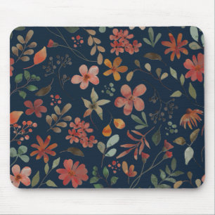 Antique Watercolor Print Floral on Navy Mouse Pad