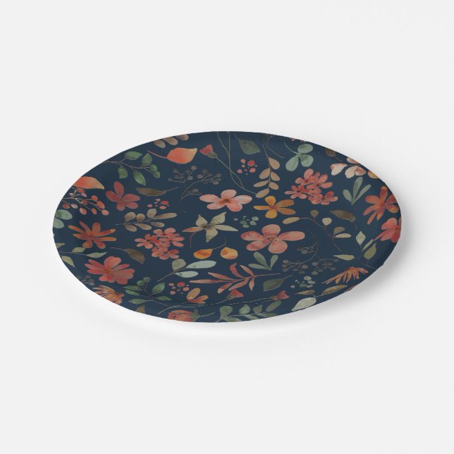 Antique Watercolor Print Floral on Navy Paper Plates (Angled)