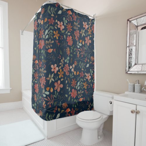 Antique Watercolor Print Floral on Navy Shower Curtain